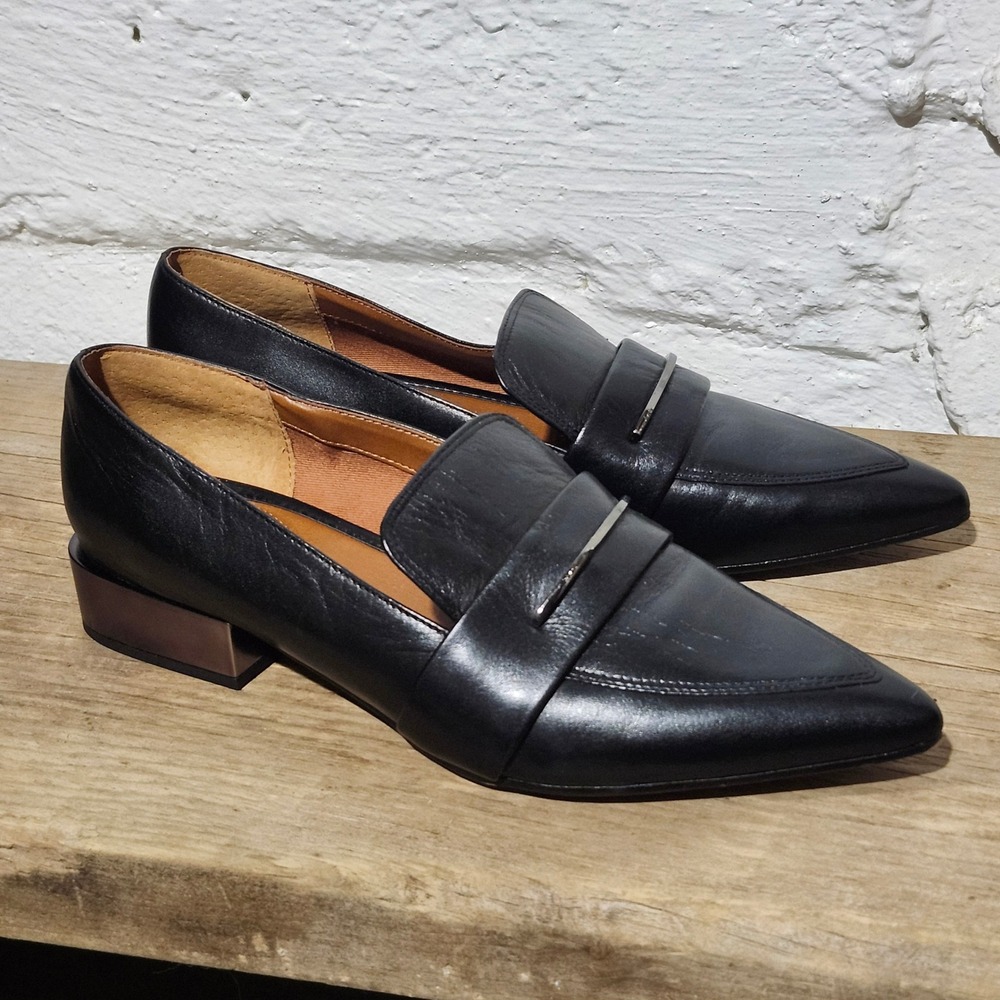 Franco Sarto Wynne Black Leather Pointed Toe Loafers Metallic Block Heel Size 9M
